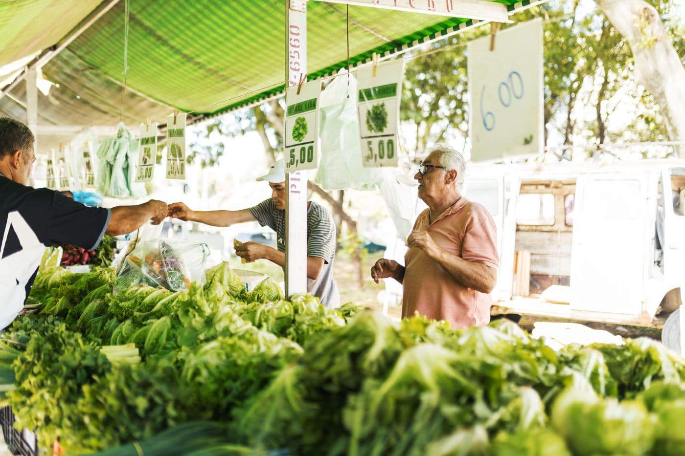 A shopper buying fresh produce from a farmers market vendor